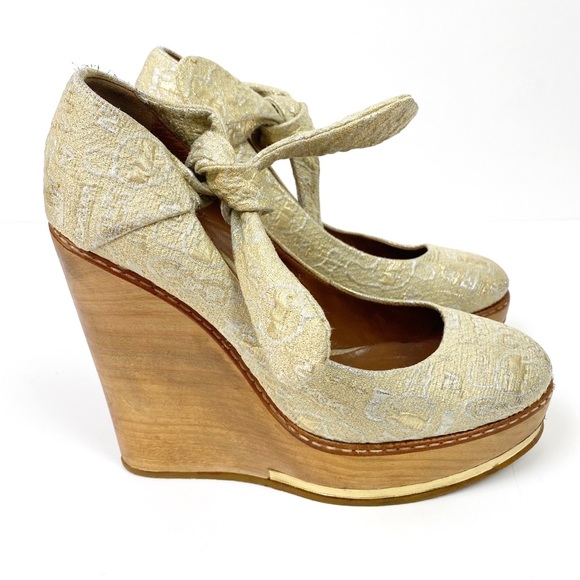 Chloe Shoes - Chloe Metallic Brocade Wooden Platform Wedge 39